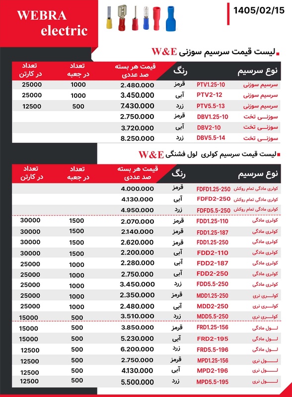 لیست قیمت سرسیم کولری و سوزنی W&E