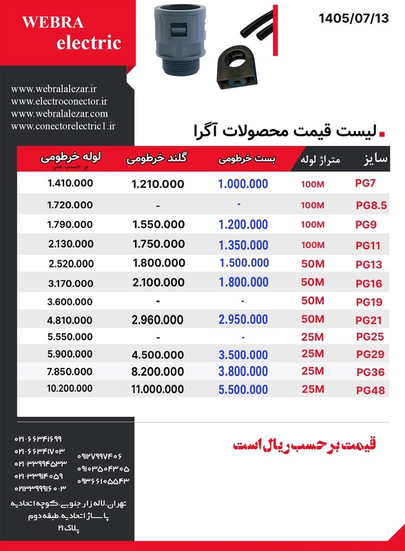لیست قیمت گلند لوله ،بست و لوله آگرا