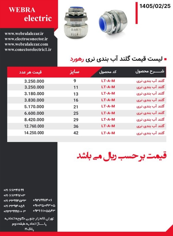 لیست قیمت گلند آب بندی نری رهورد